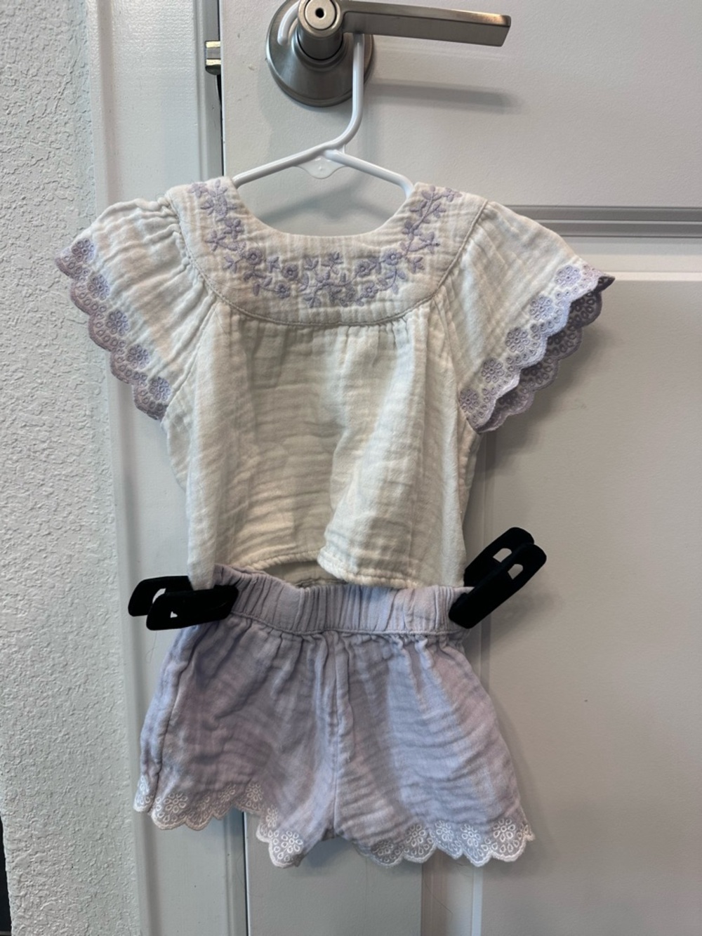 Baby Girls Two-Piece Cream & Lavender Embroidered Top + Shorts Set